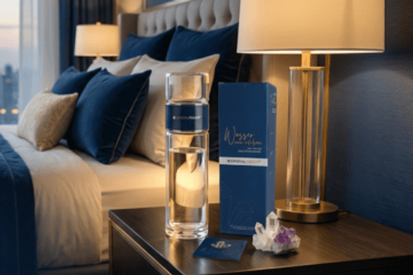 CrystalPower Wassersteinflasche mit Edelsteinen auf einem Nachttisch